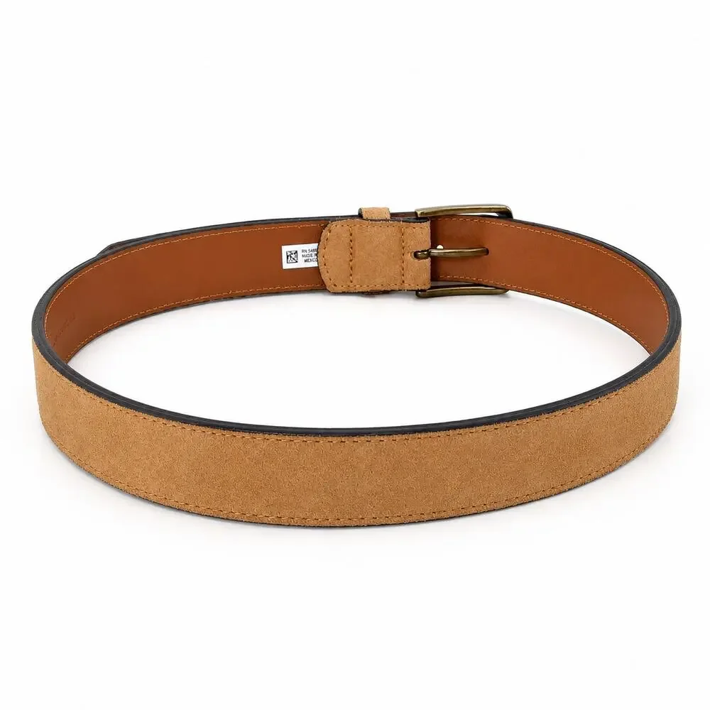 American Eagle Suede Leather Belt Brass Tone Buckle Tan Medium Unisex M Brown‎